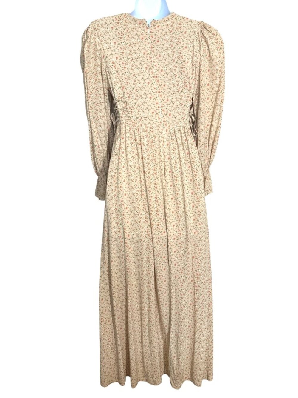 Cottage Ditsy Floral Maxi Dress Large Beige Ruffle Sleeve Side Ties Boho Prairie - Picture 4 of 10